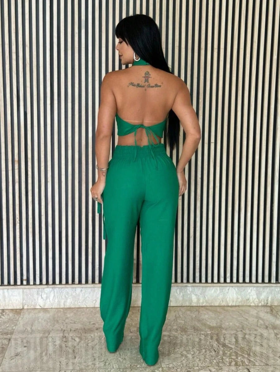 Conjunto Feminino Cropped Com Bojo E Calça Com Ilhós E Zíper Frontal
