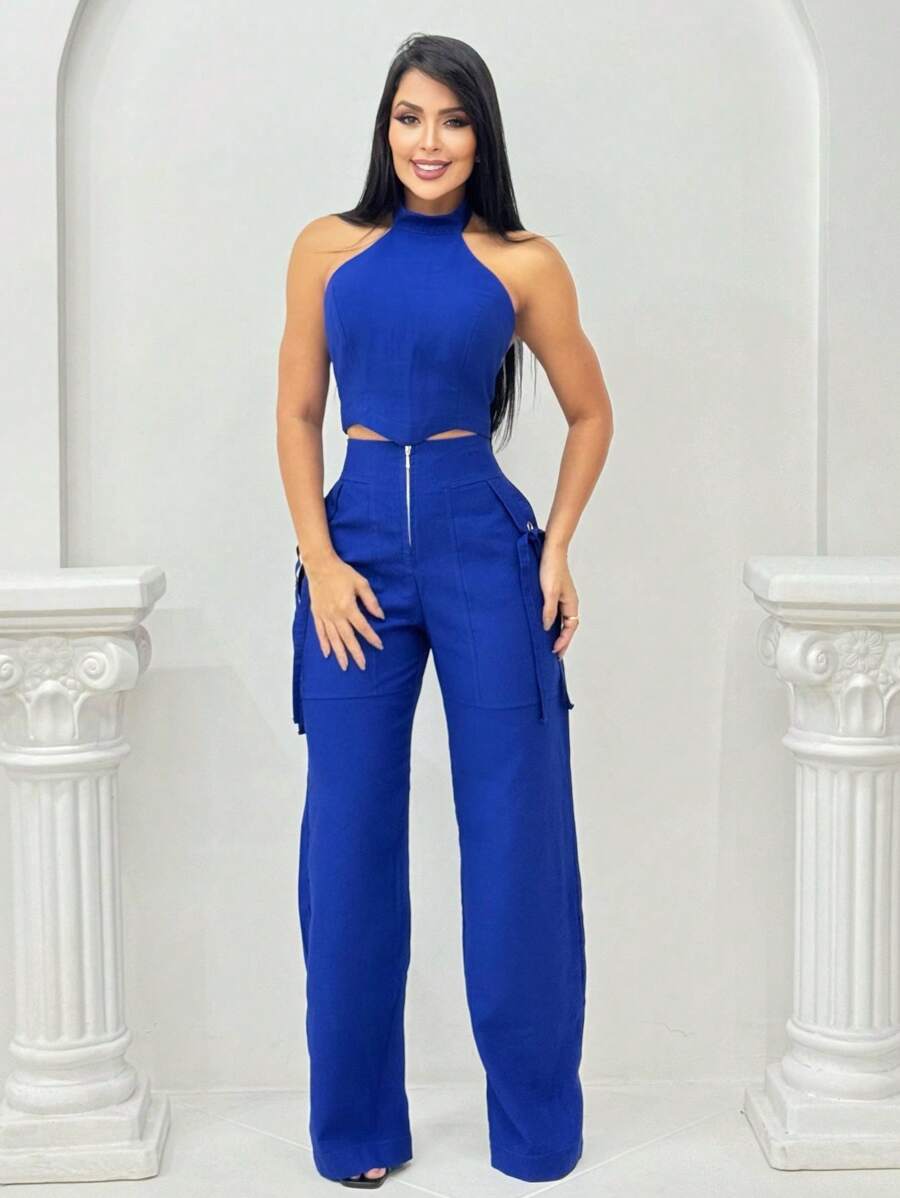 Conjunto Feminino Cropped Com Bojo E Calça Com Ilhós E Zíper Frontal