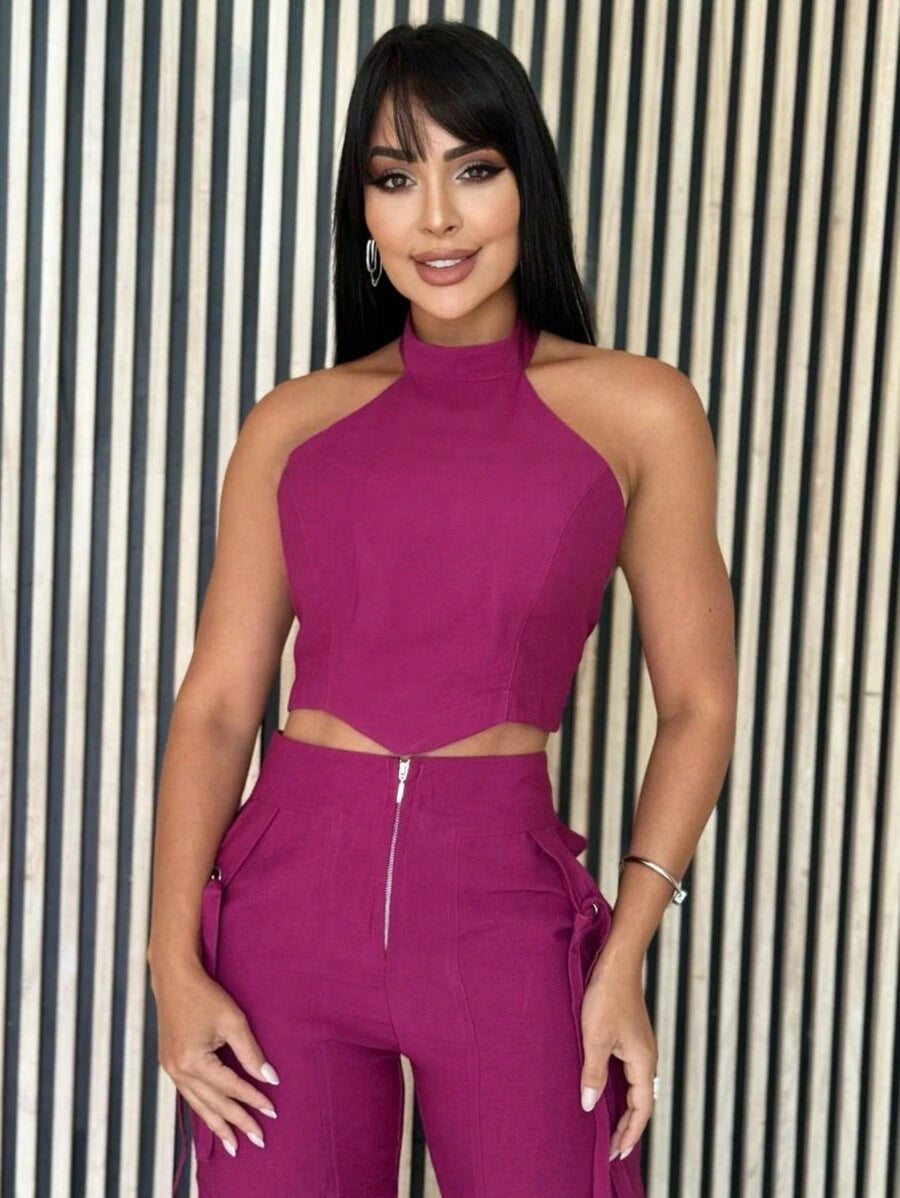 Conjunto Feminino Cropped Com Bojo E Calça Com Ilhós E Zíper Frontal