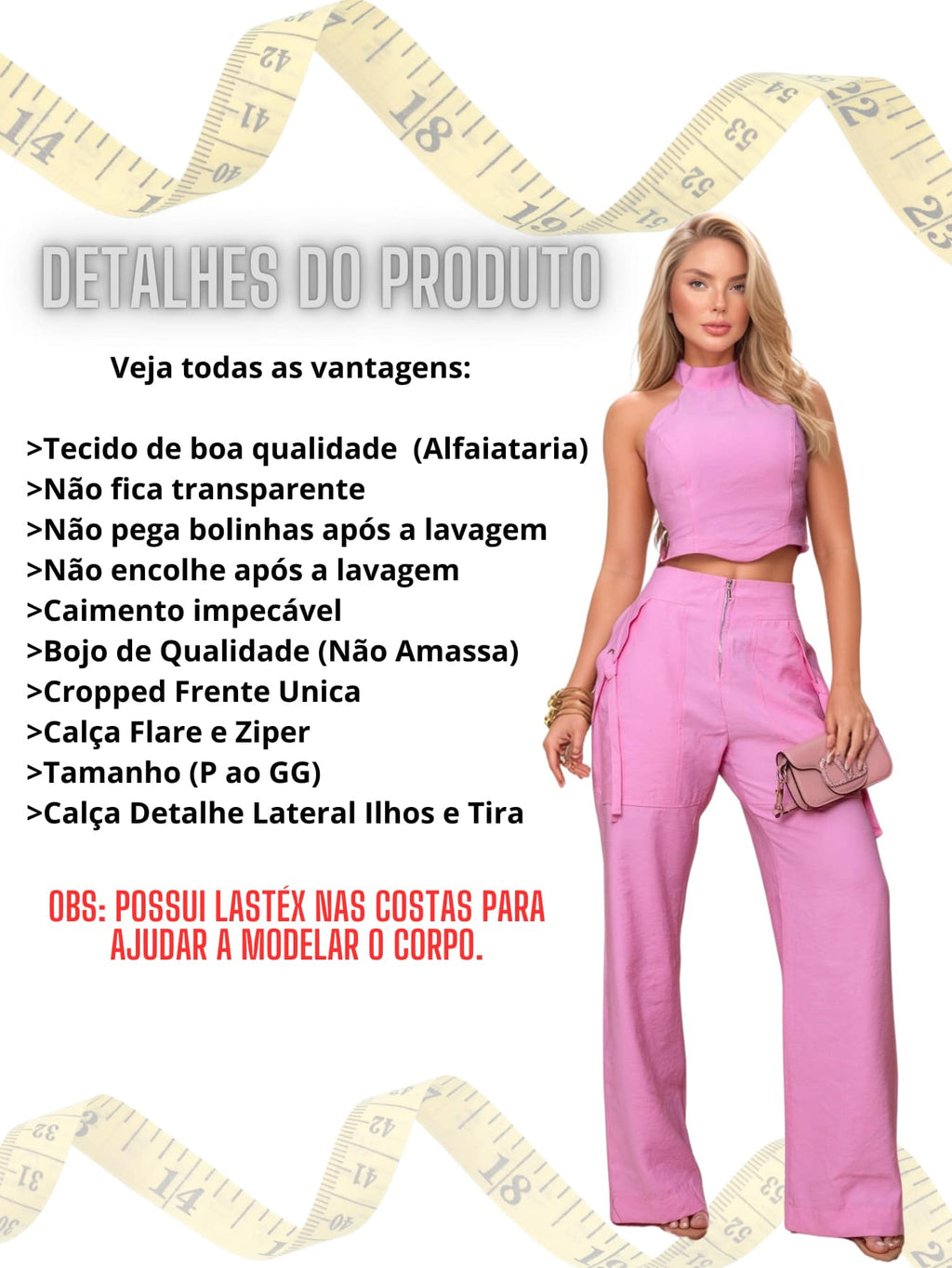 Conjunto Feminino Cropped Com Bojo E Calça Com Ilhós E Zíper Frontal