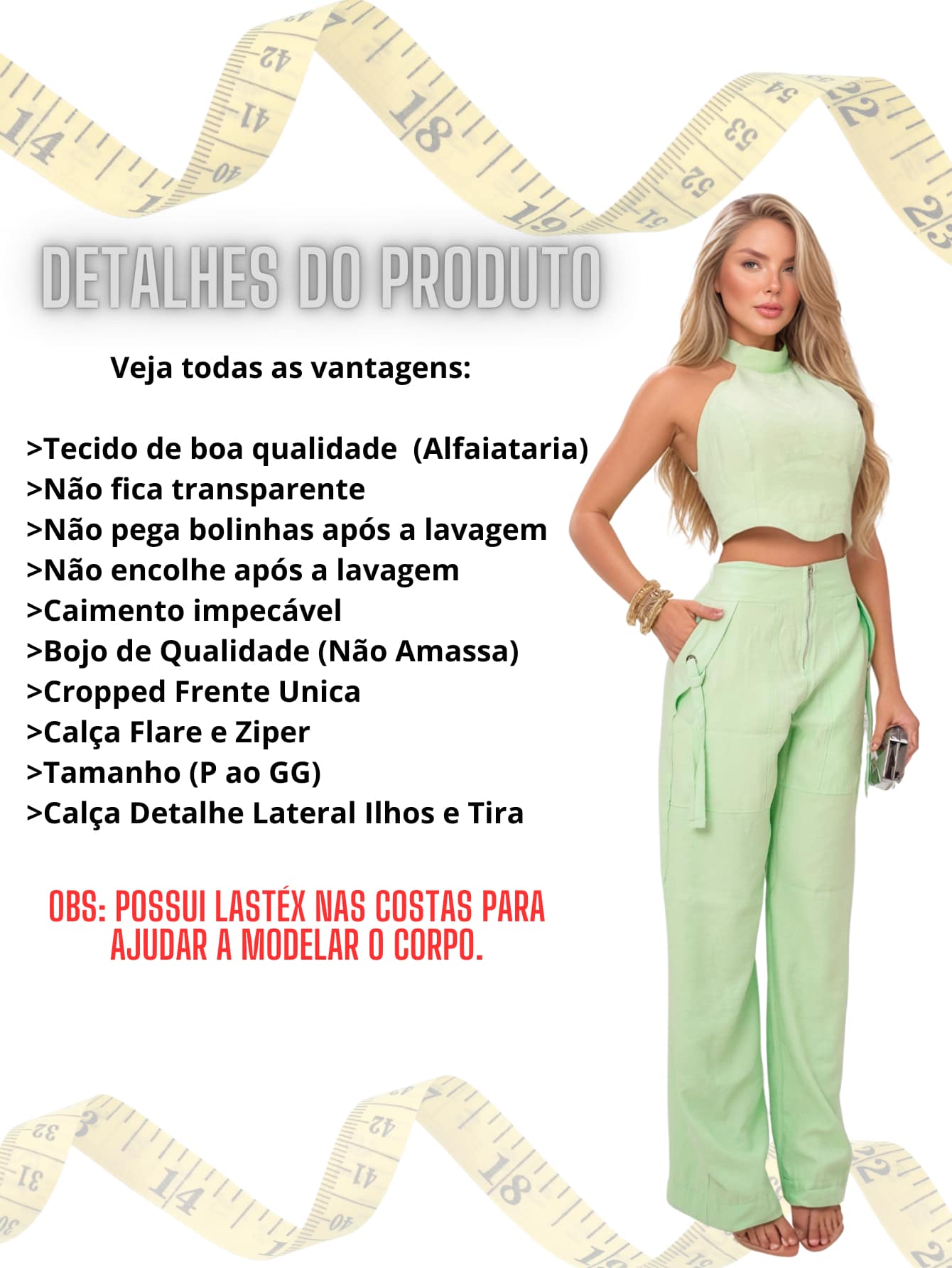 Conjunto Feminino Cropped Com Bojo E Calça Com Ilhós E Zíper Frontal