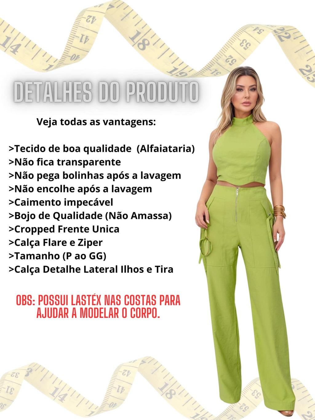 Conjunto Feminino Cropped Com Bojo E Calça Com Ilhós E Zíper Frontal