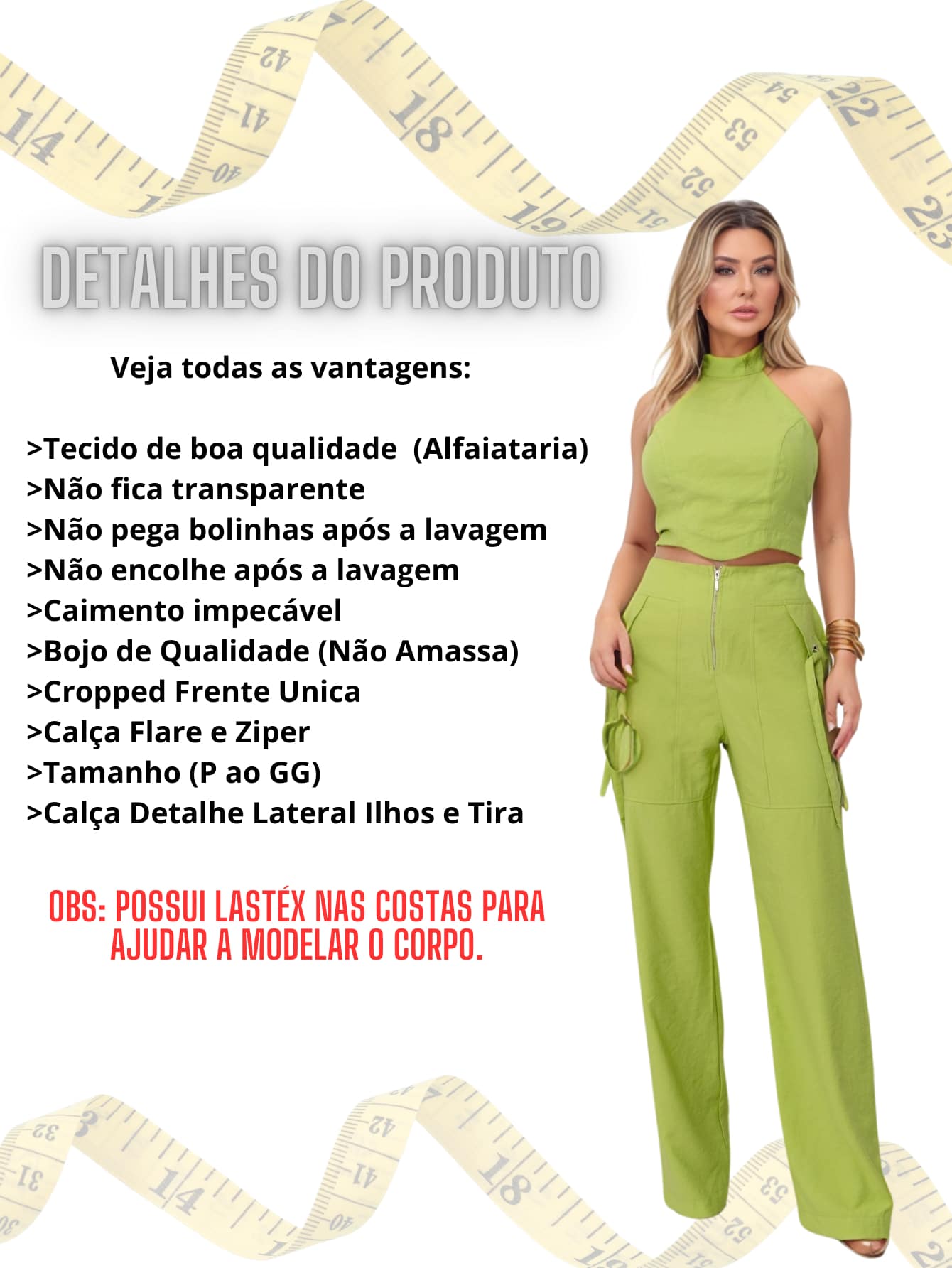 Conjunto Feminino Cropped Com Bojo E Calça Com Ilhós E Zíper Frontal