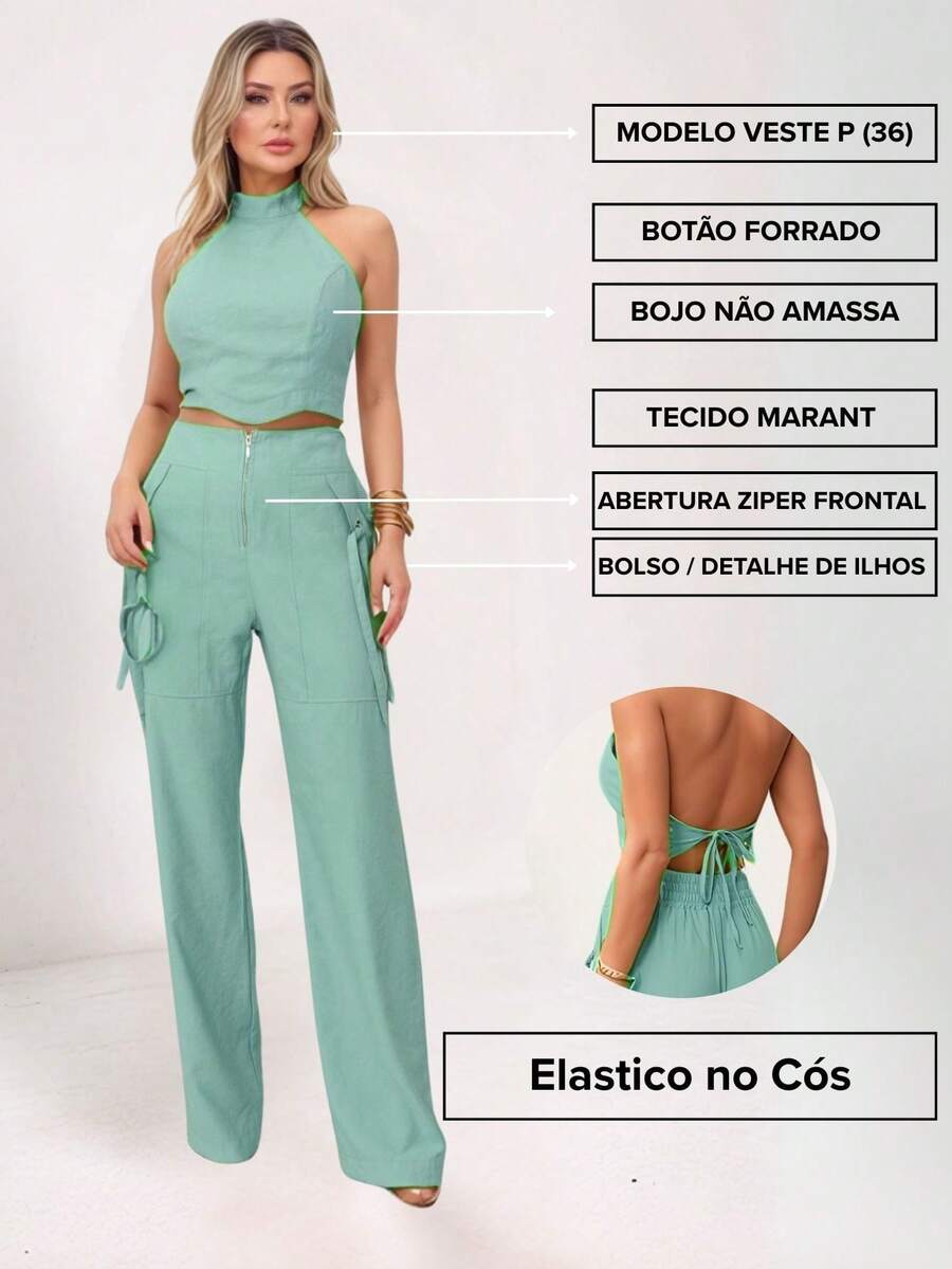 Conjunto Feminino Cropped Com Bojo E Calça Com Ilhós E Zíper Frontal