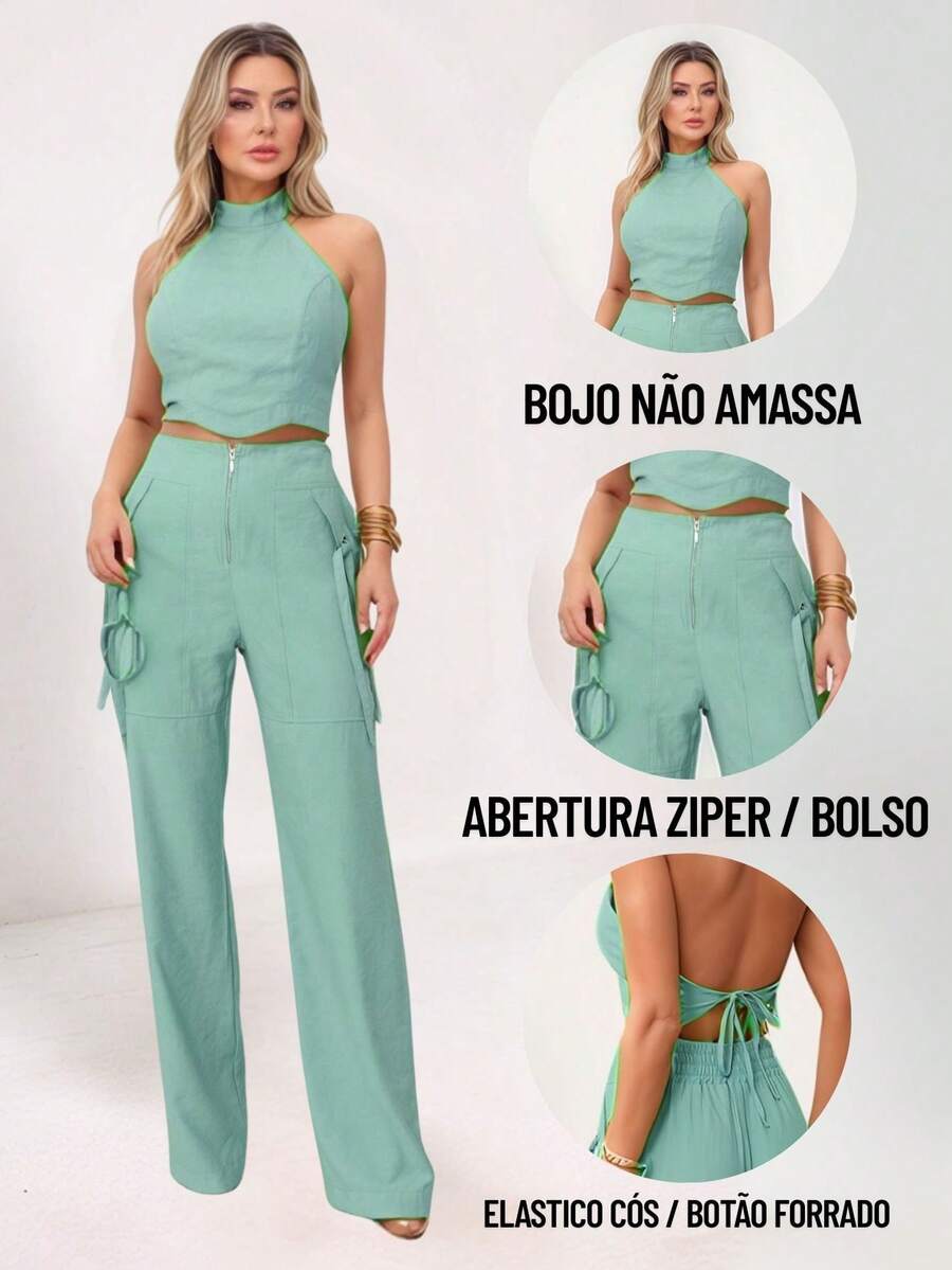 Conjunto Feminino Cropped Com Bojo E Calça Com Ilhós E Zíper Frontal