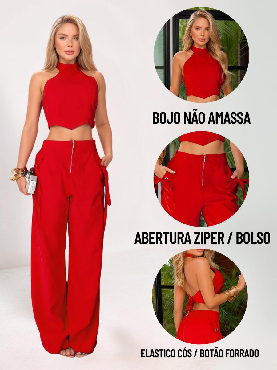 Conjunto Feminino Cropped Com Bojo E Calça Com Ilhós E Zíper Frontal