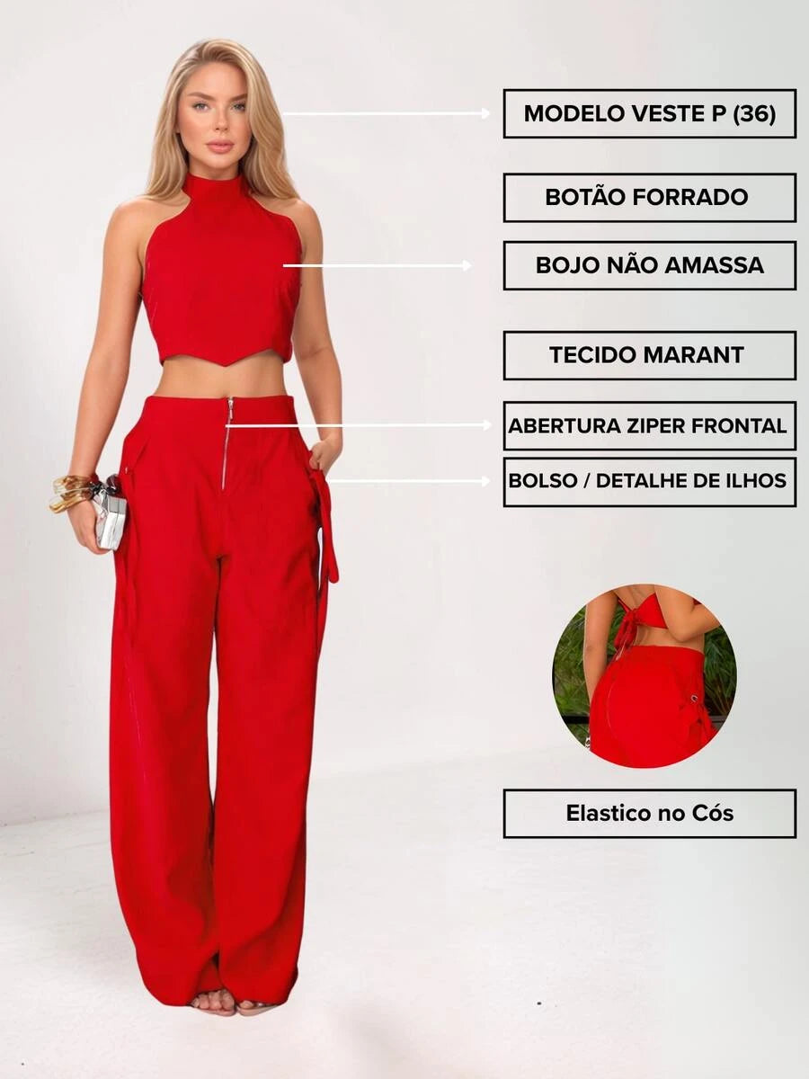 Conjunto Feminino Cropped Com Bojo E Calça Com Ilhós E Zíper Frontal