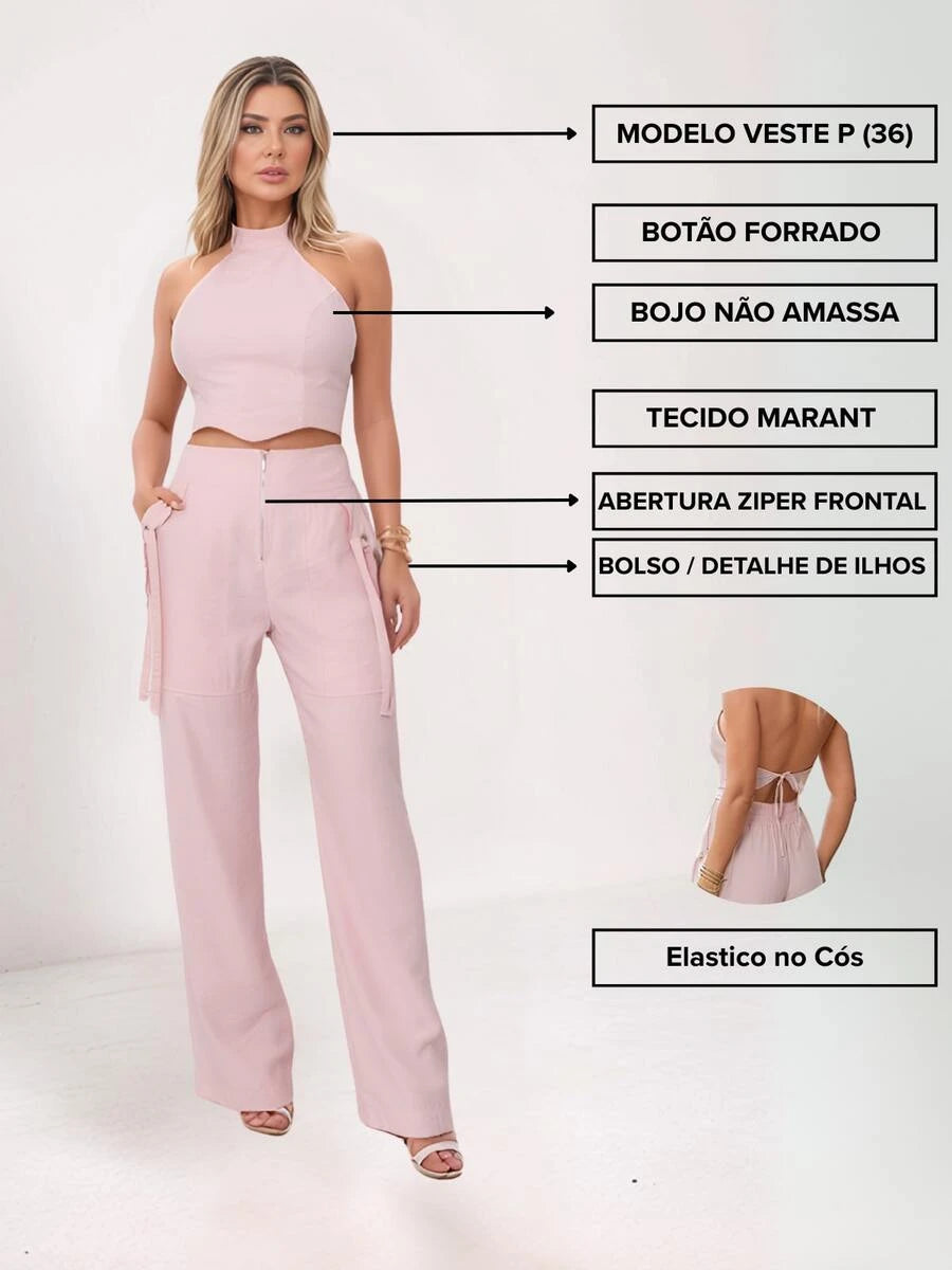 Conjunto Feminino Cropped Com Bojo E Calça Com Ilhós E Zíper Frontal