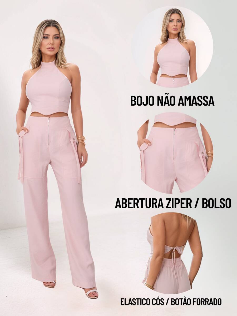 Conjunto Feminino Cropped Com Bojo E Calça Com Ilhós E Zíper Frontal
