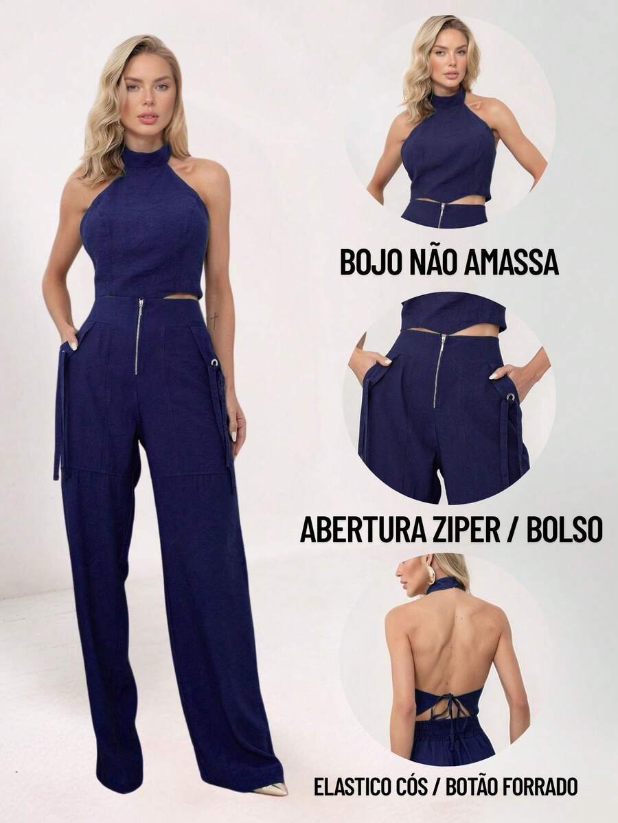 Conjunto Feminino Cropped Com Bojo E Calça Com Ilhós E Zíper Frontal