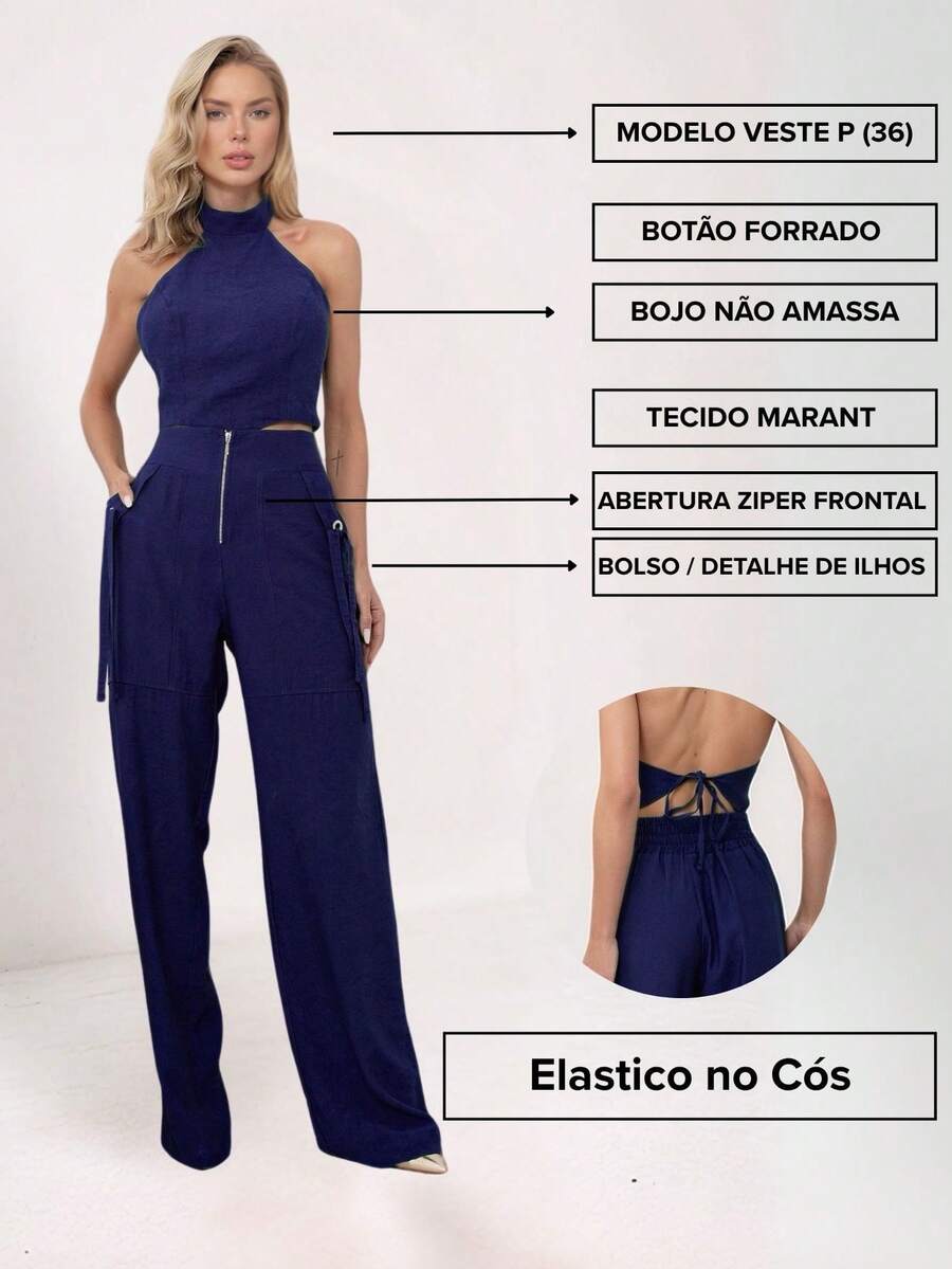Conjunto Feminino Cropped Com Bojo E Calça Com Ilhós E Zíper Frontal