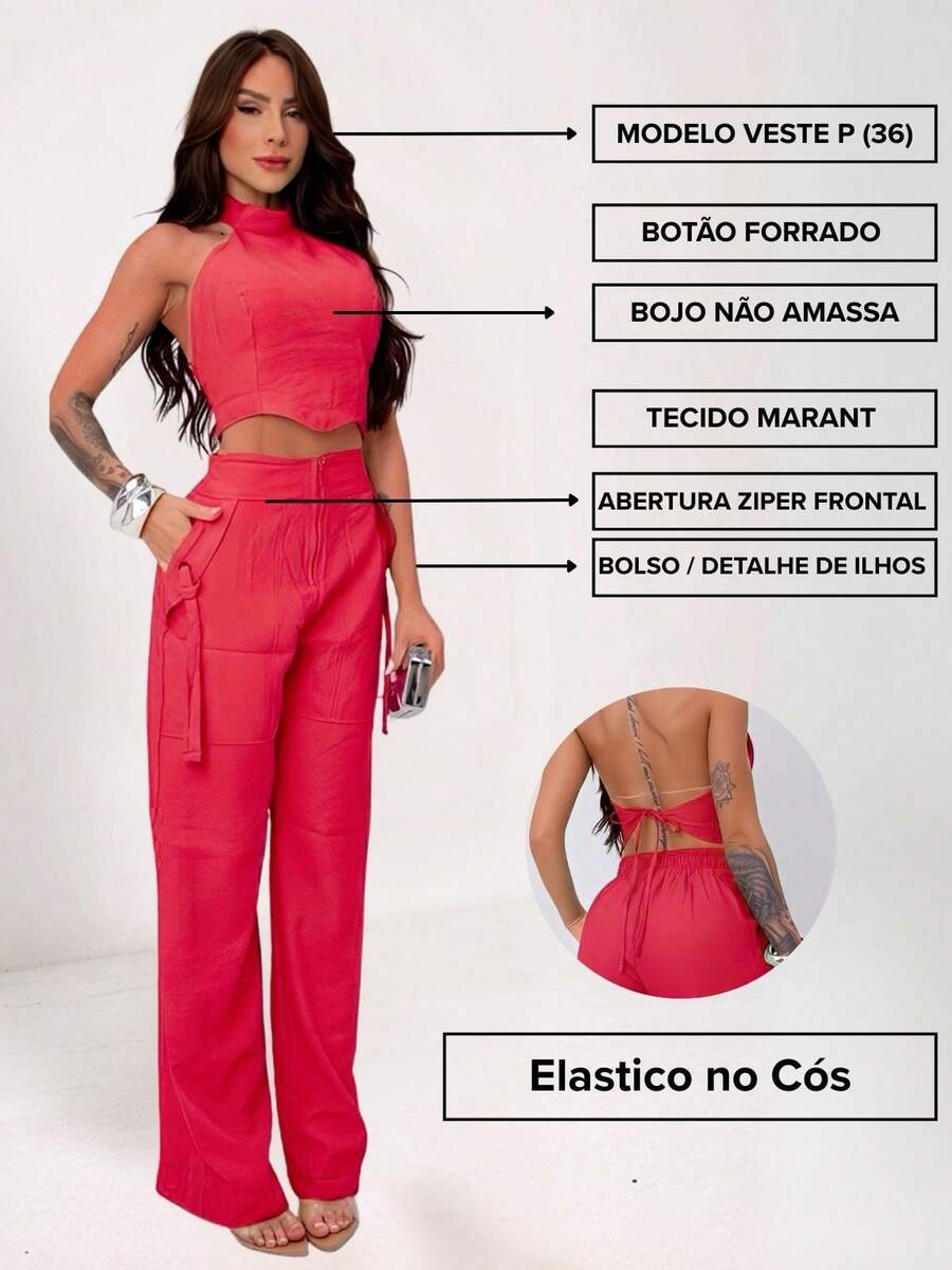 Conjunto Feminino Cropped Com Bojo E Calça Com Ilhós E Zíper Frontal