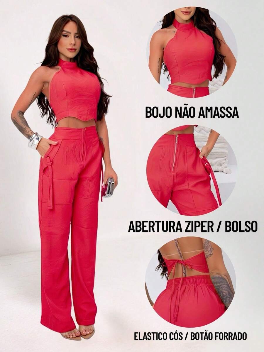 Conjunto Feminino Cropped Com Bojo E Calça Com Ilhós E Zíper Frontal