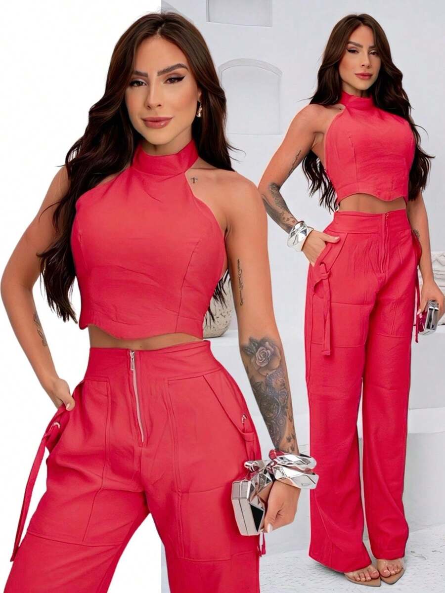 Conjunto Feminino Cropped Com Bojo E Calça Com Ilhós E Zíper Frontal