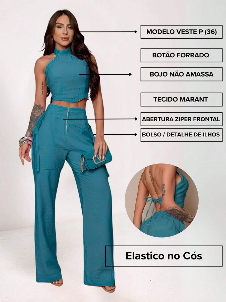 Conjunto Feminino Cropped Com Bojo E Calça Com Ilhós E Zíper Frontal