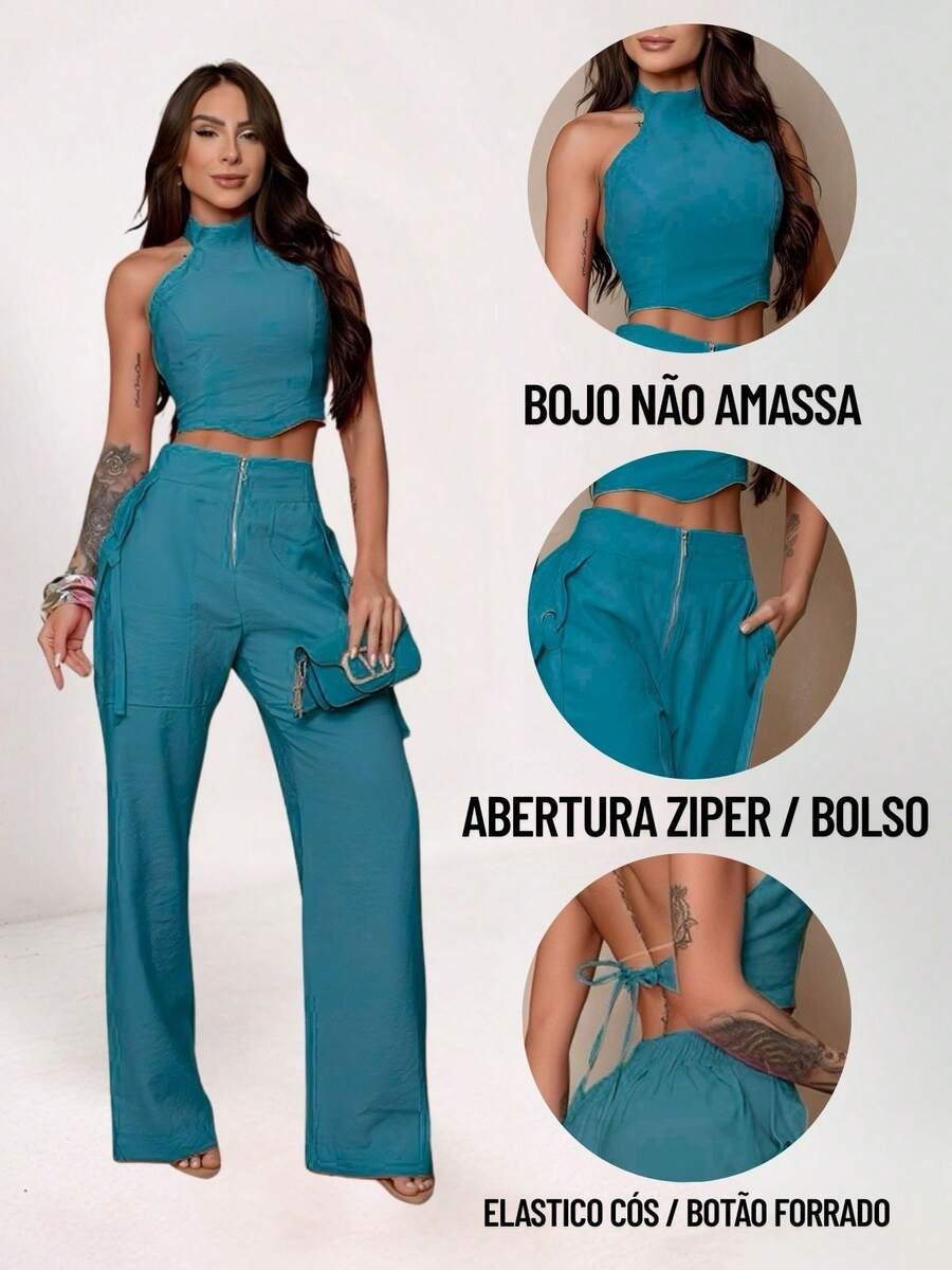 Conjunto Feminino Cropped Com Bojo E Calça Com Ilhós E Zíper Frontal