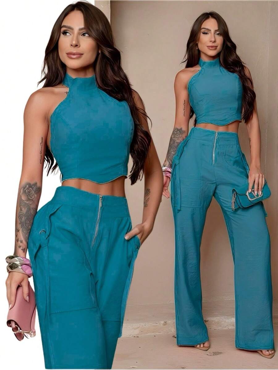 Conjunto Feminino Cropped Com Bojo E Calça Com Ilhós E Zíper Frontal