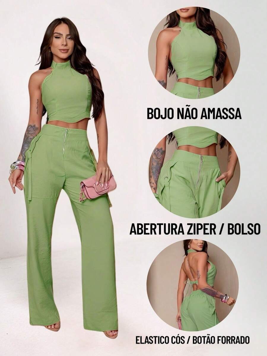 Conjunto Feminino Cropped Com Bojo E Calça Com Ilhós E Zíper Frontal