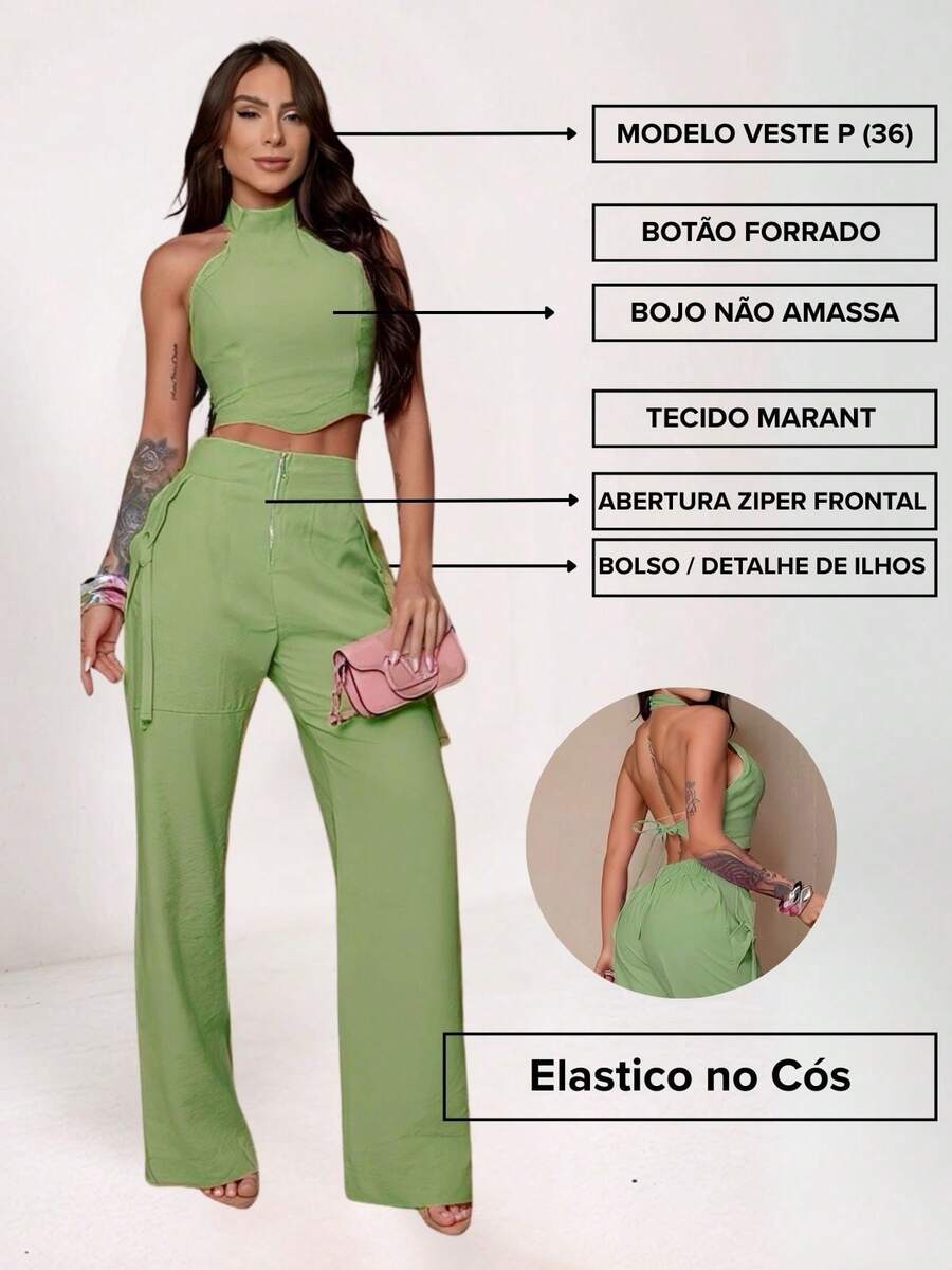 Conjunto Feminino Cropped Com Bojo E Calça Com Ilhós E Zíper Frontal