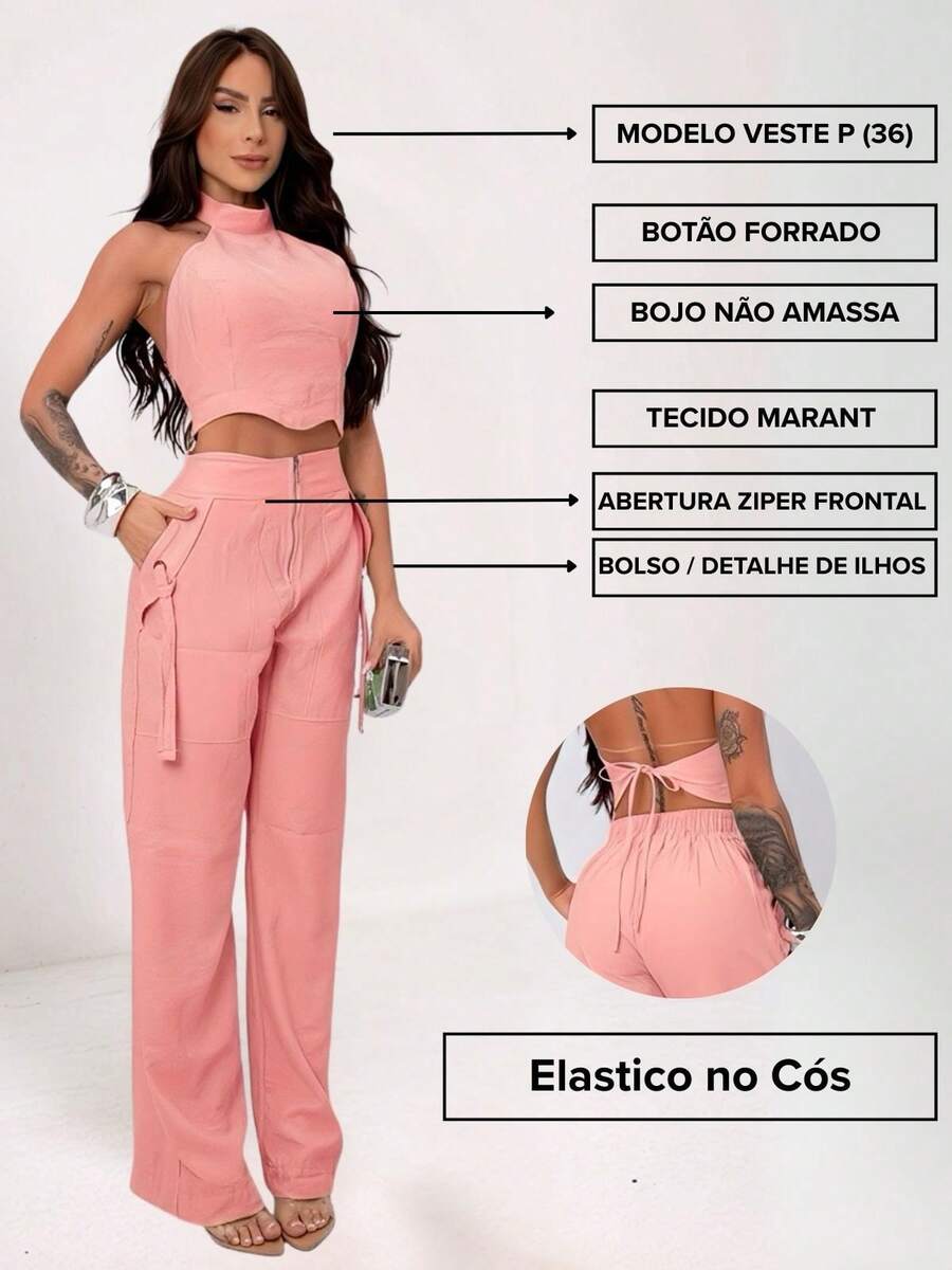 Conjunto Feminino Cropped Com Bojo E Calça Com Ilhós E Zíper Frontal