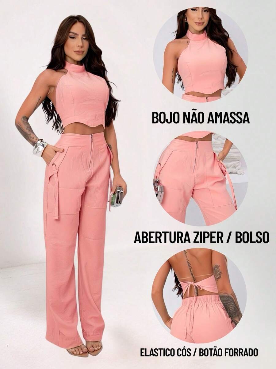 Conjunto Feminino Cropped Com Bojo E Calça Com Ilhós E Zíper Frontal