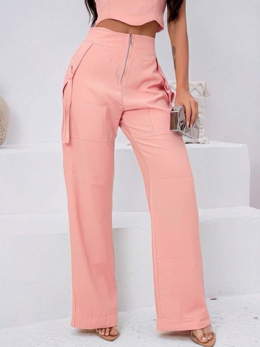 Conjunto Feminino Cropped Com Bojo E Calça Com Ilhós E Zíper Frontal