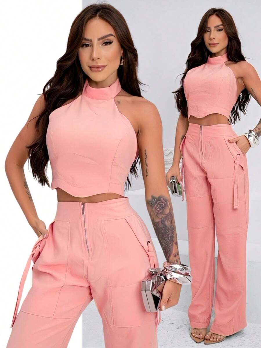 Conjunto Feminino Cropped Com Bojo E Calça Com Ilhós E Zíper Frontal