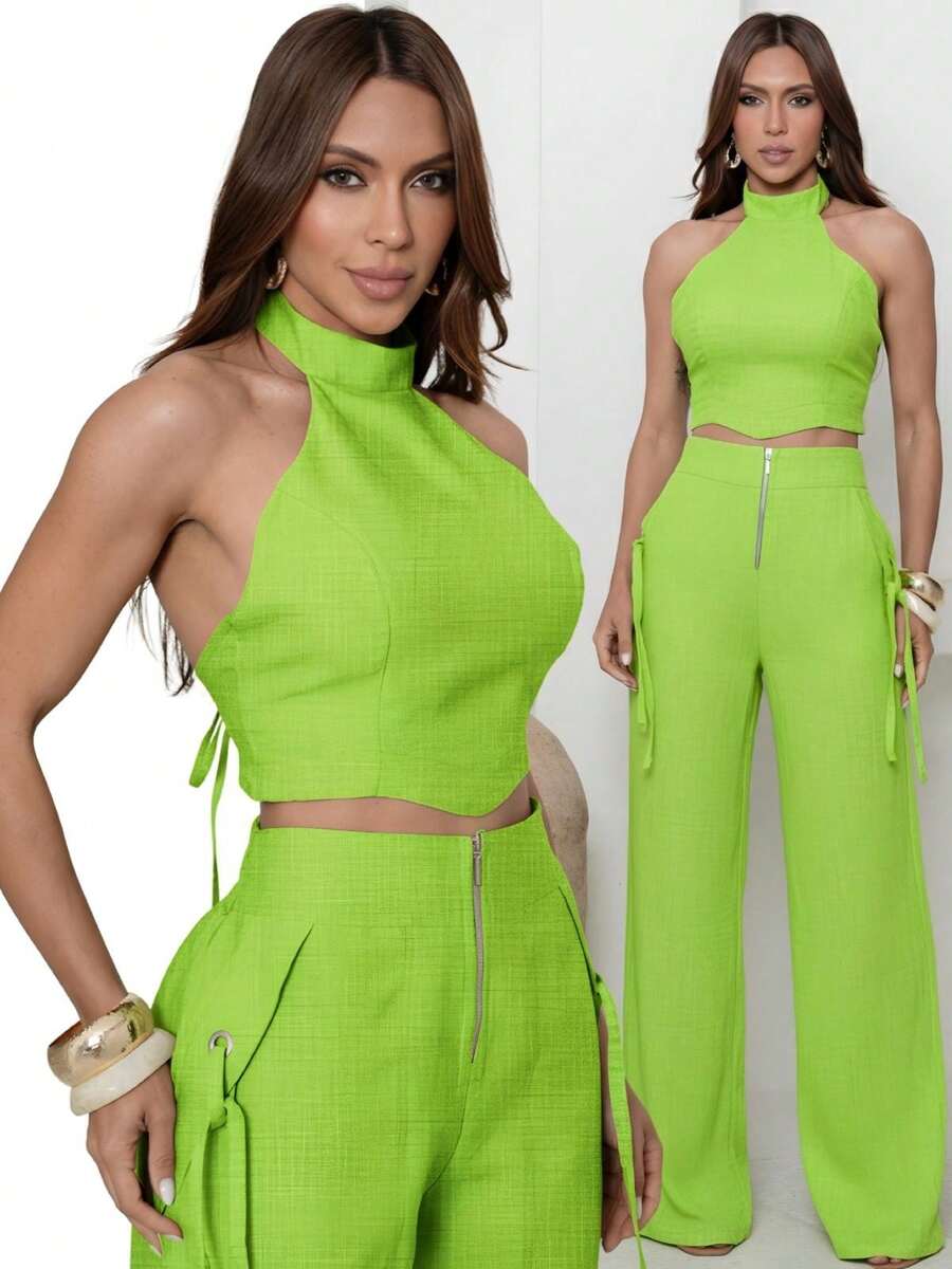 Conjunto Feminino Cropped Com Bojo E Calça Com Ilhós E Zíper Frontal