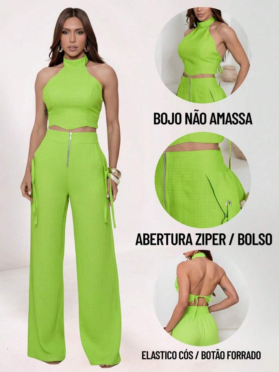 Conjunto Feminino Cropped Com Bojo E Calça Com Ilhós E Zíper Frontal