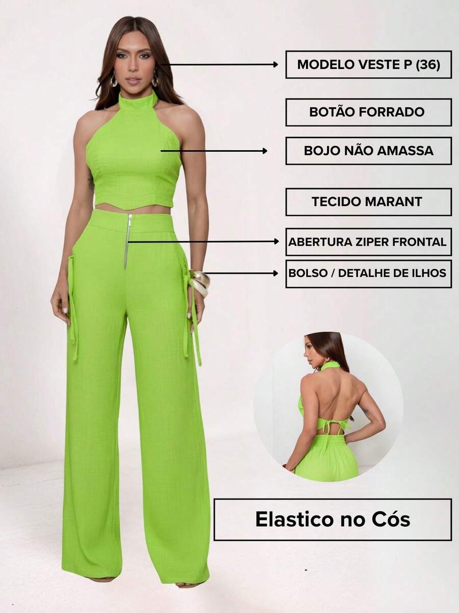 Conjunto Feminino Cropped Com Bojo E Calça Com Ilhós E Zíper Frontal