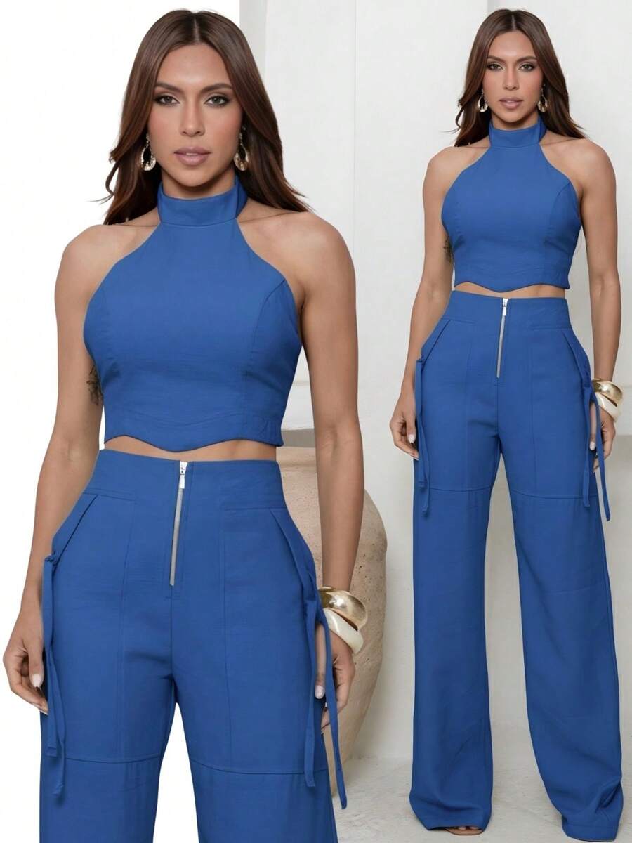 Conjunto Feminino Cropped Com Bojo E Calça Com Ilhós E Zíper Frontal