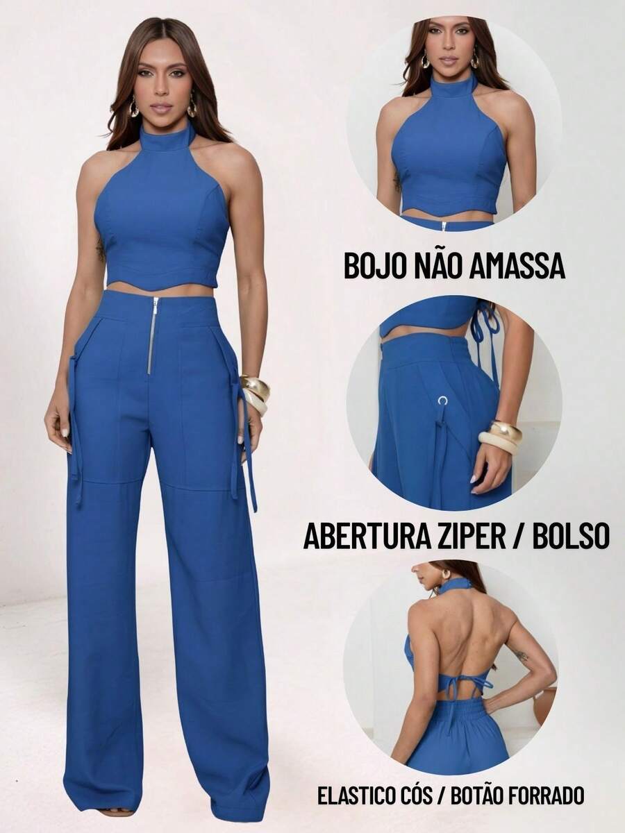 Conjunto Feminino Cropped Com Bojo E Calça Com Ilhós E Zíper Frontal
