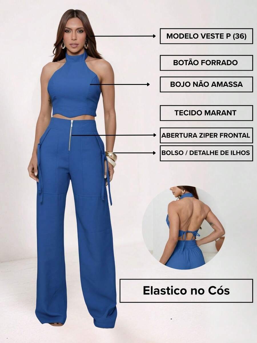 Conjunto Feminino Cropped Com Bojo E Calça Com Ilhós E Zíper Frontal