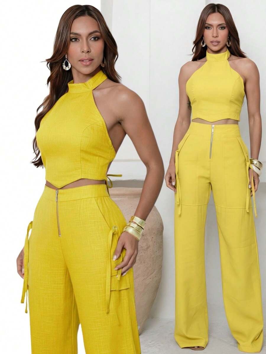 Conjunto Feminino Cropped Com Bojo E Calça Com Ilhós E Zíper Frontal