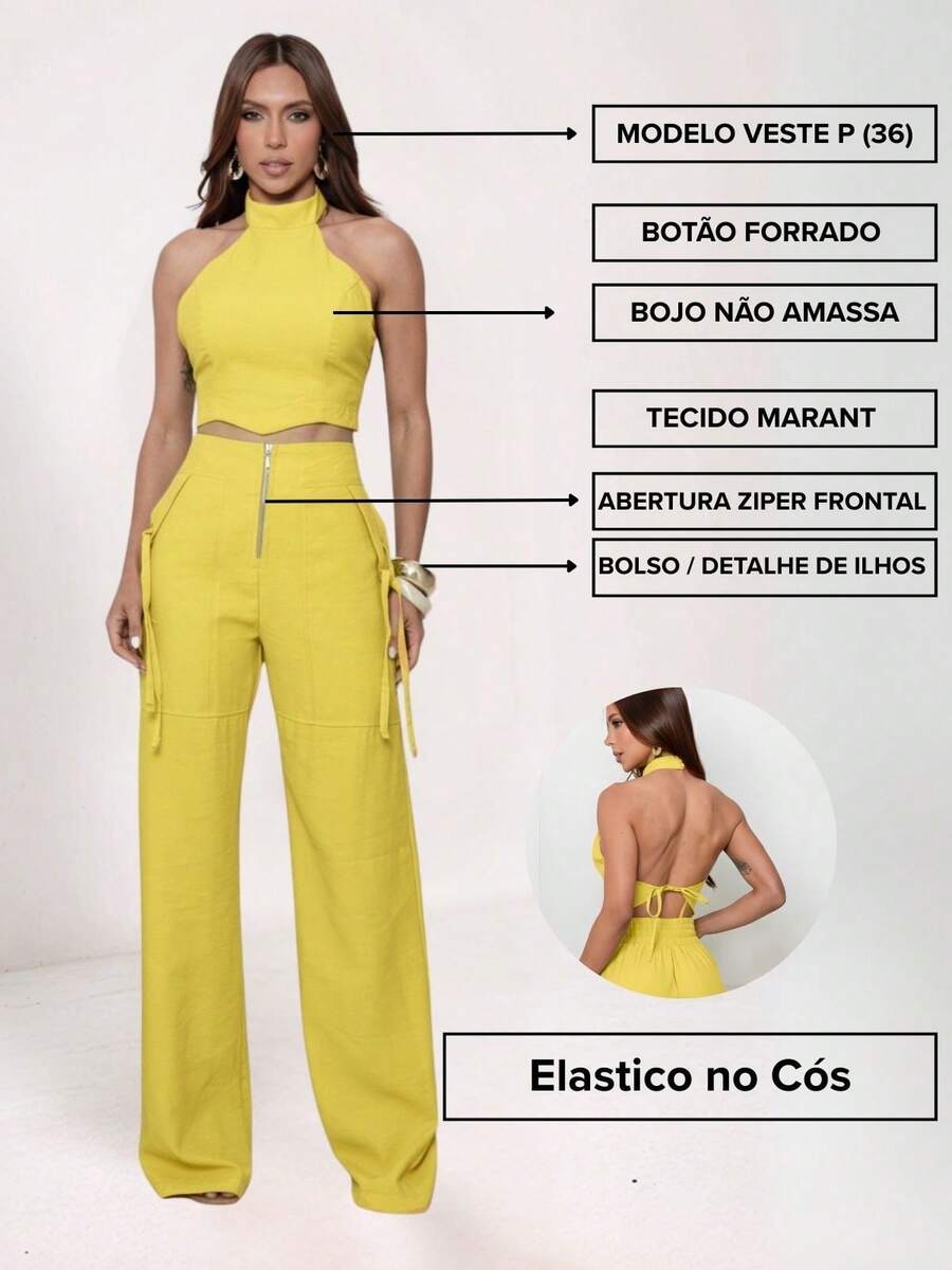 Conjunto Feminino Cropped Com Bojo E Calça Com Ilhós E Zíper Frontal