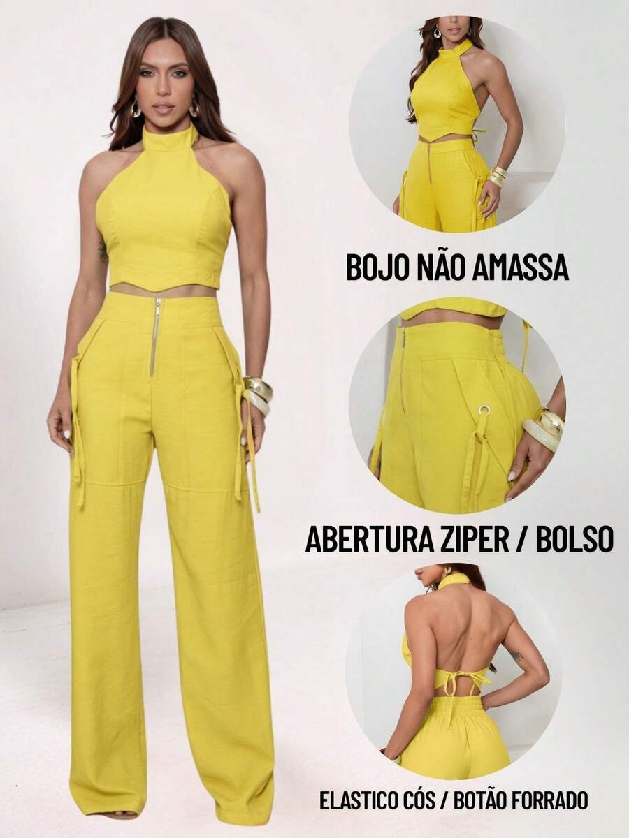 Conjunto Feminino Cropped Com Bojo E Calça Com Ilhós E Zíper Frontal