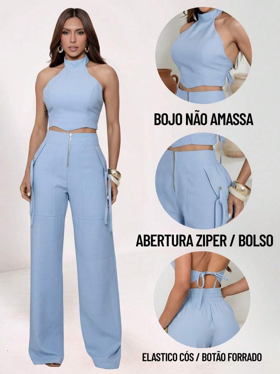 Conjunto Feminino Cropped Com Bojo E Calça Com Ilhós E Zíper Frontal