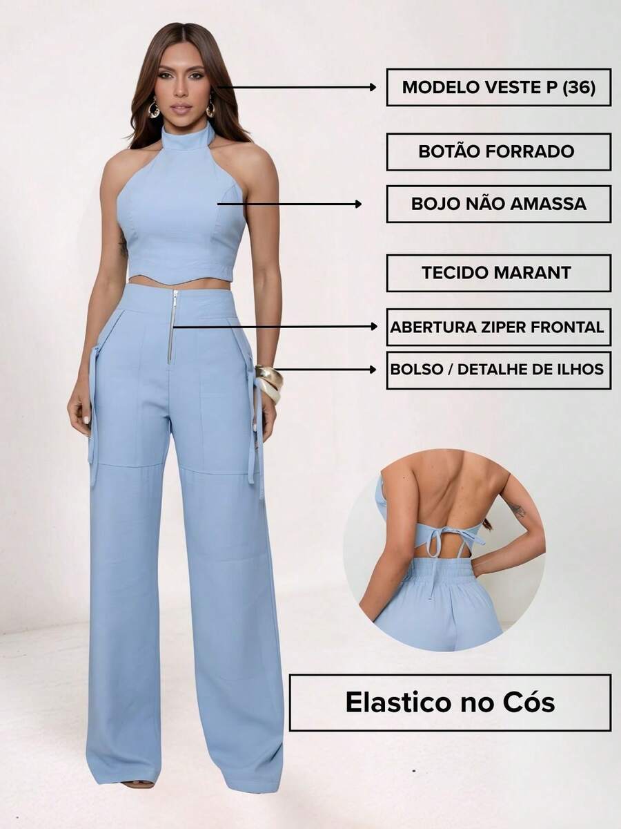 Conjunto Feminino Cropped Com Bojo E Calça Com Ilhós E Zíper Frontal
