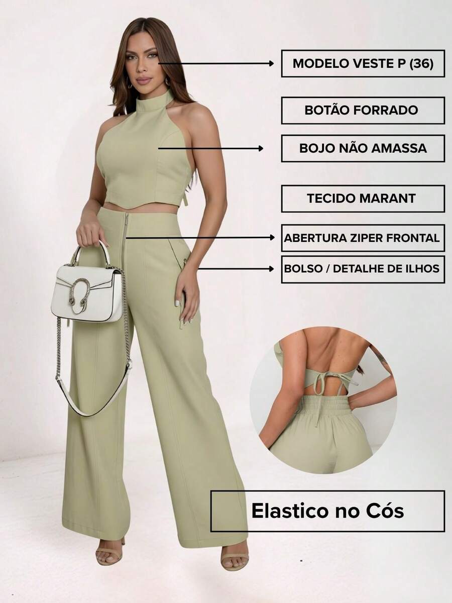 Conjunto Feminino Cropped Com Bojo E Calça Com Ilhós E Zíper Frontal
