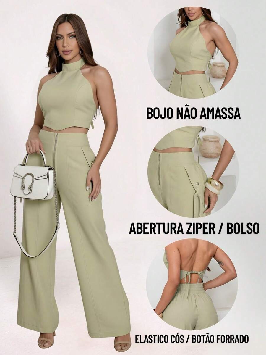 Conjunto Feminino Cropped Com Bojo E Calça Com Ilhós E Zíper Frontal