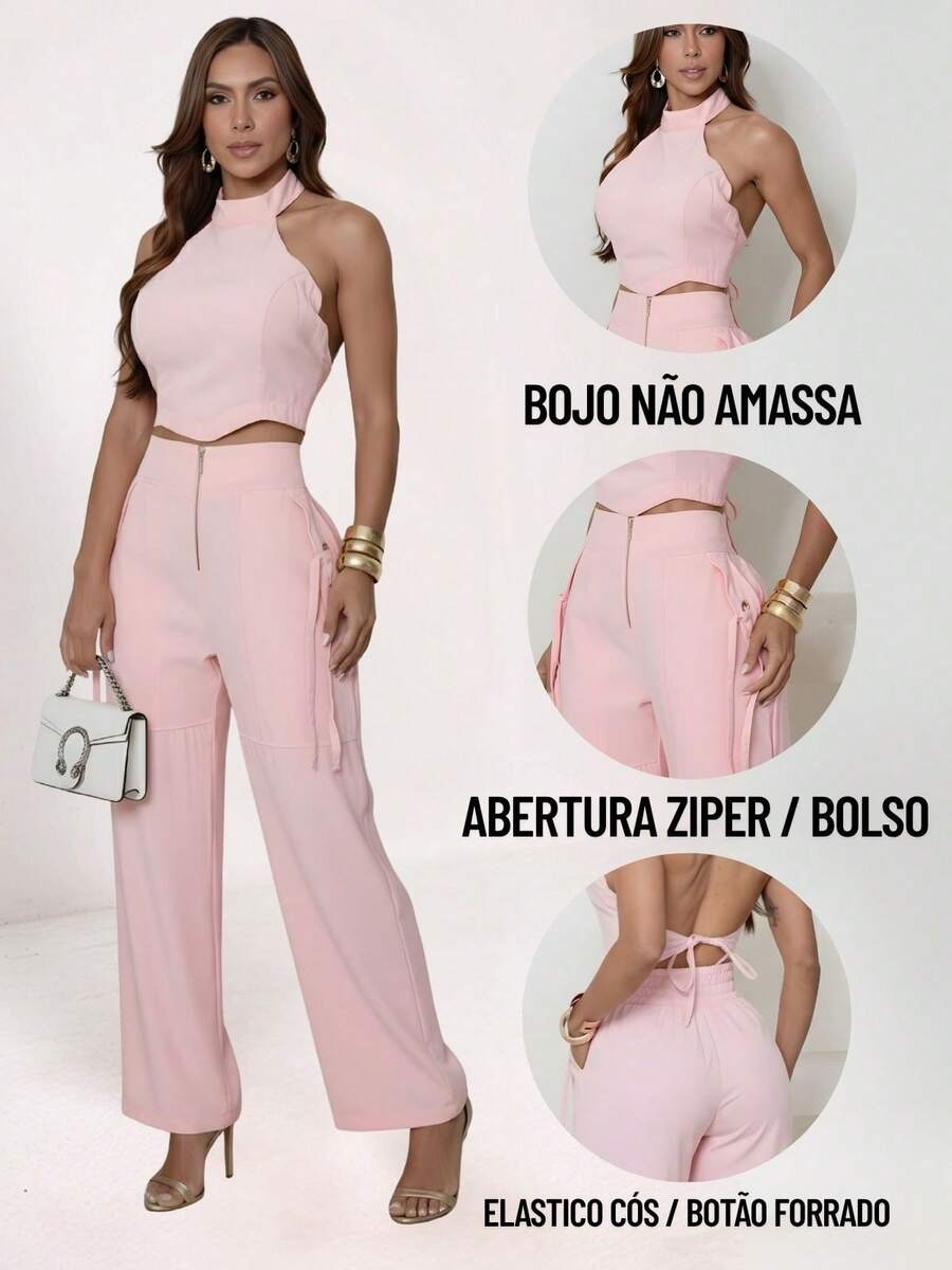 Conjunto Feminino Cropped Com Bojo E Calça Com Ilhós E Zíper Frontal