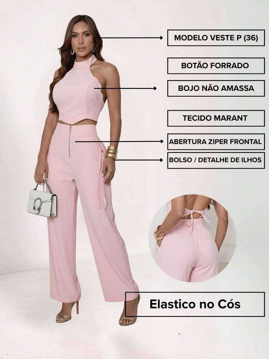 Conjunto Feminino Cropped Com Bojo E Calça Com Ilhós E Zíper Frontal