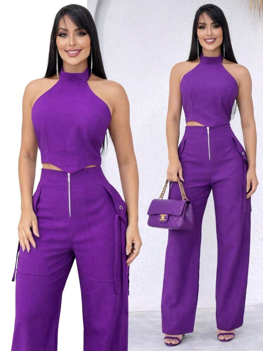 Conjunto Feminino Cropped Com Bojo E Calça Com Ilhós E Zíper Frontal