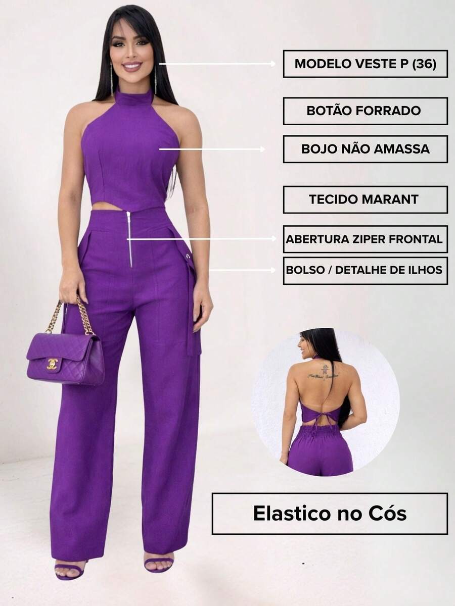 Conjunto Feminino Cropped Com Bojo E Calça Com Ilhós E Zíper Frontal
