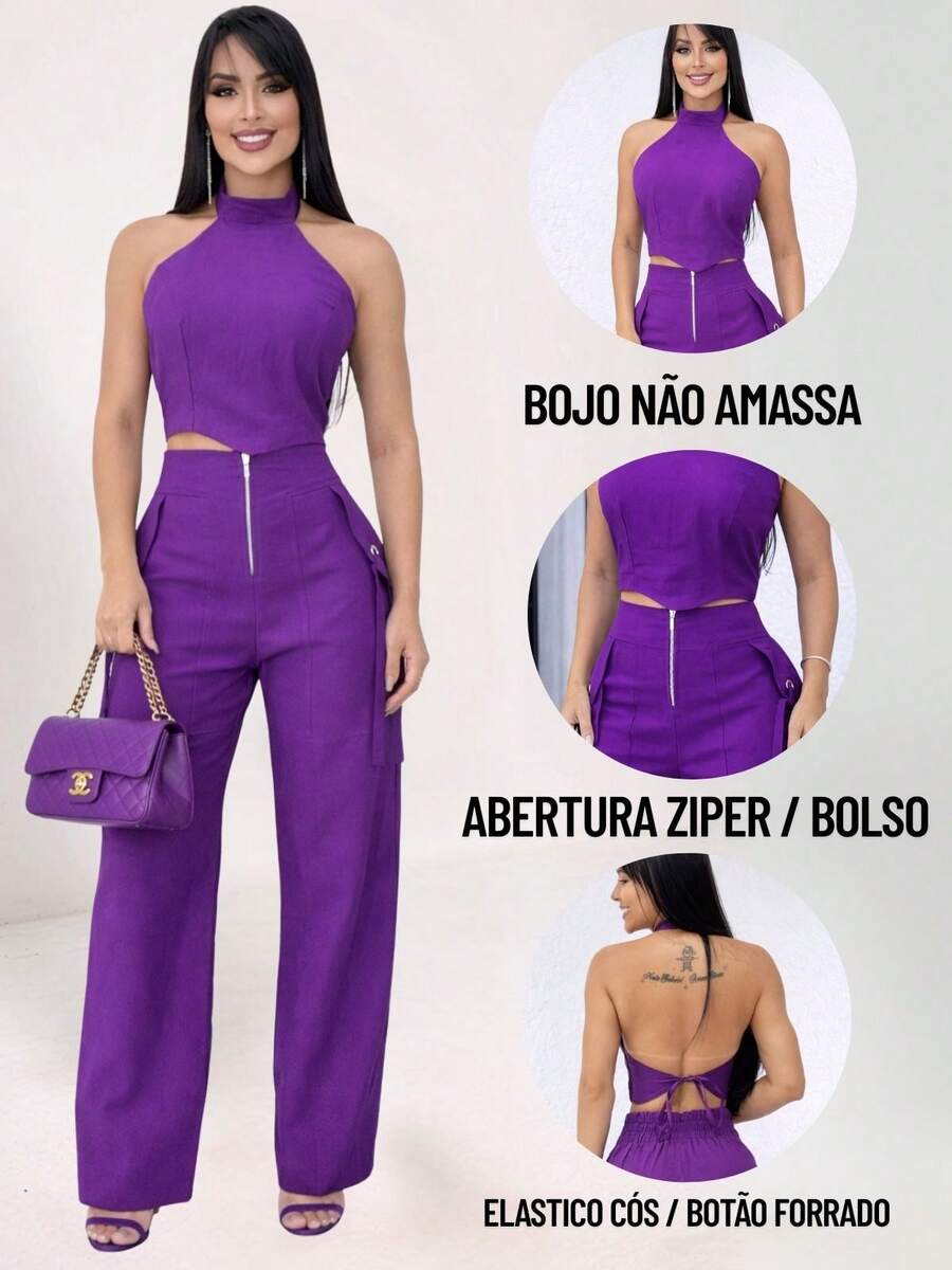 Conjunto Feminino Cropped Com Bojo E Calça Com Ilhós E Zíper Frontal