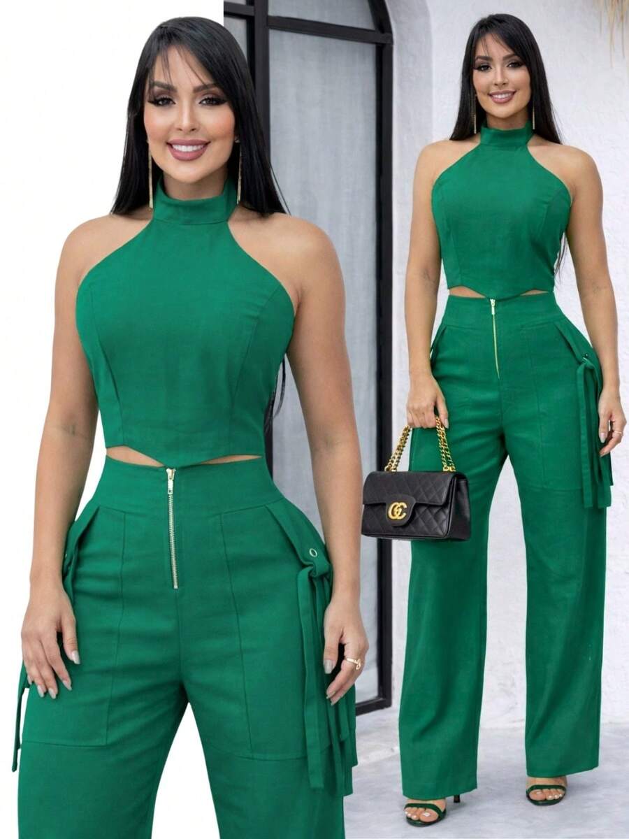 Conjunto Feminino Cropped Com Bojo E Calça Com Ilhós E Zíper Frontal