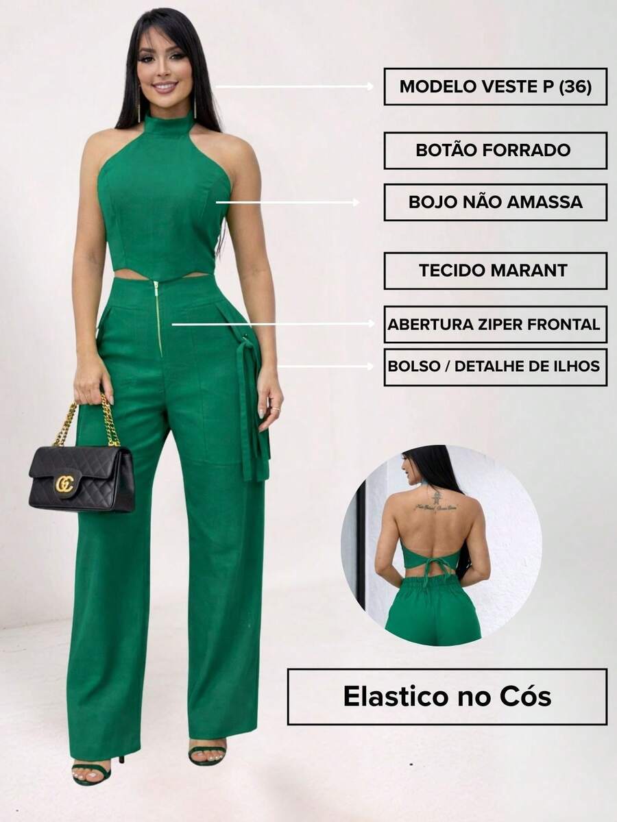 Conjunto Feminino Cropped Com Bojo E Calça Com Ilhós E Zíper Frontal