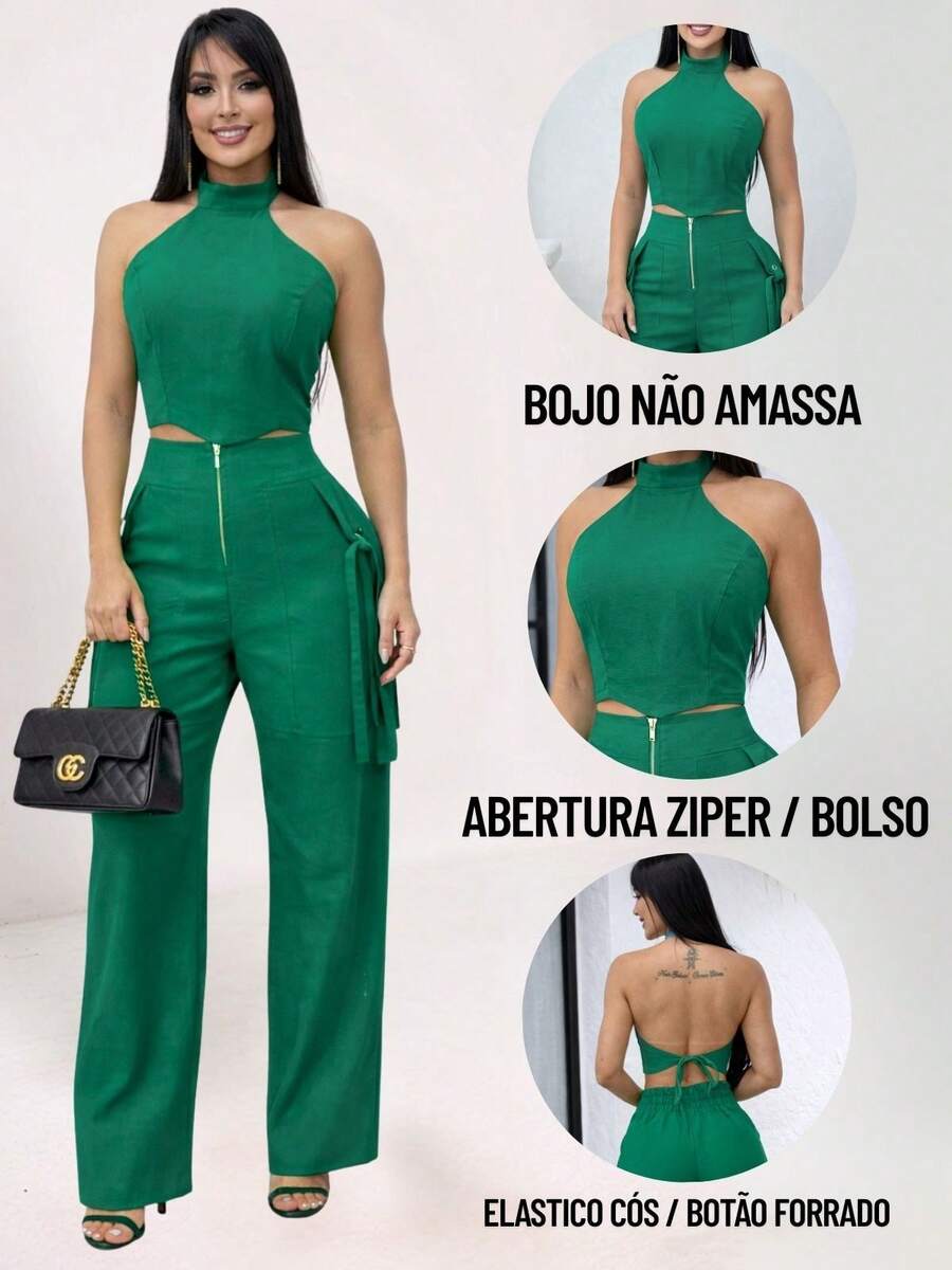 Conjunto Feminino Cropped Com Bojo E Calça Com Ilhós E Zíper Frontal