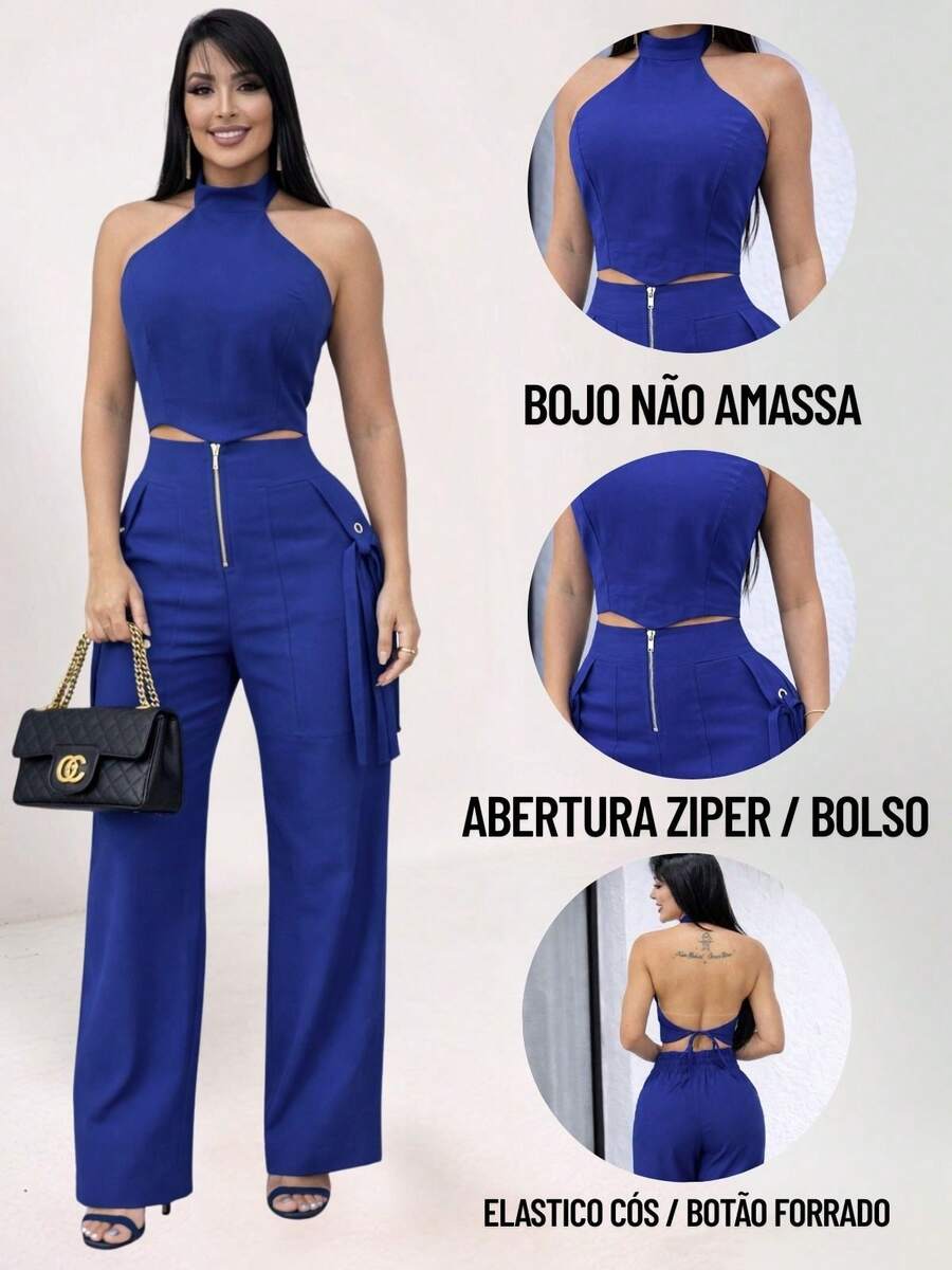 Conjunto Feminino Cropped Com Bojo E Calça Com Ilhós E Zíper Frontal
