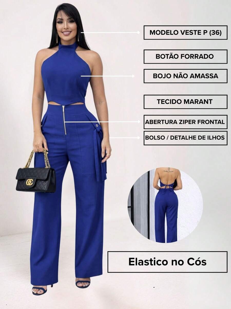 Conjunto Feminino Cropped Com Bojo E Calça Com Ilhós E Zíper Frontal